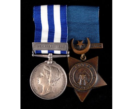 A pair of medals, awarded to 35 Pte R Evans 1/Welch Regiment, comprising an Egypt medal, with Gemaizah 1888 clasp and a Khedi