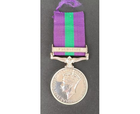 A General Service medal 1918-62, awarded to 2321214 Sgln R M Crofton R Signals, with Palestine clasp,&nbsp;with copy document