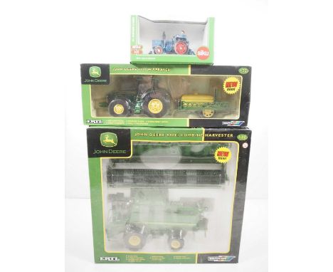 A group of 1:32 scale diecast tractors/farming equipment by SIKU and BRITAINS/ERTL, mostly in John Deere livery - VG/E in G b