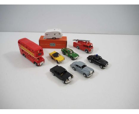 A group of TRI-ANG Minic Motorways cars, fire engine and bus together with a boxed caravan - G/VG mostly unboxed (8)