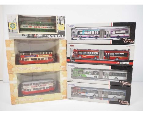 A group of CORGI OOC 1:76 scale items comprising 2x Feltham trams, a Blackpool Balloon tram and 4x Bendi-buses in various liv