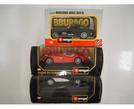 A group of 1:24 scale BBURAGO diecast cars to include Jaguar, Chevrolet and Mercedes Benz examples - VG in G/VG boxes (3)