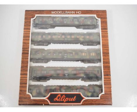 A LILIPUT HO gauge 837 5-car Wehrmacht army passenger coach set in DRG camouflage livery - VG in VG box