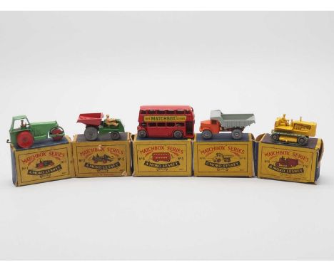 A group of MOKO LESNEY MATCHBOX, comprising of a 1b Aveling Barford road roller, No 5b London Bus 'Buy Matchbox Series', 2b M