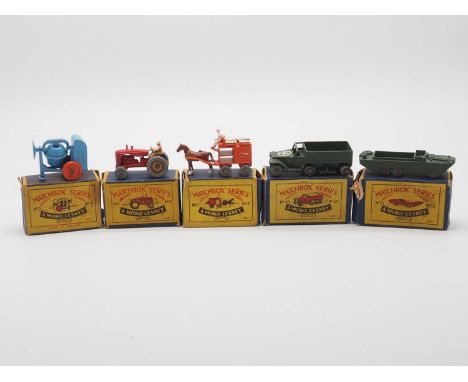 A group of MOKO LESNEY MATCHBOX, comprising of a 7A horse-drawn milk float, 4a Massey Harris Tractor, 3a Cement Mixer, 55a DU