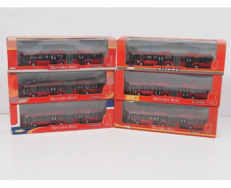 A group of 1:76 scale diecast Mercedes-Benz Citaro bendi-buses by CREATIVE MASTER NORTHCORD, all London based examples, all d