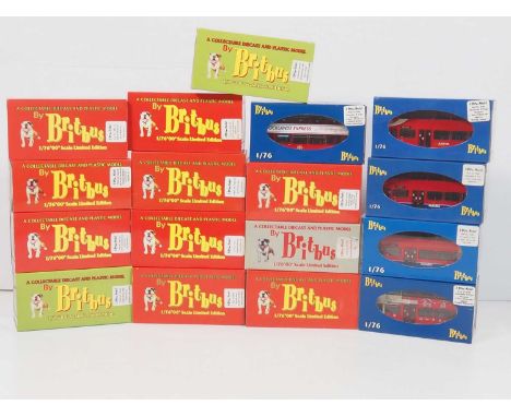 A group of 1:76 scale diecast buses by BRITBUS, a mixture of single and double-deckers from post deregulation London based op