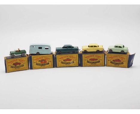 A group of MOKO LESNEY MATCHBOX, comprising of a 33a Ford Zodiac, green with grey wheels, No 57a Wolseley 1500, green with gr