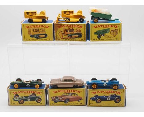 A group of MATCHBOX Regular Wheels, comprising of a 28c Jaguar Mk10, 52b B.R.M racing car, 19d Lotus racing car, 8d Caterpill