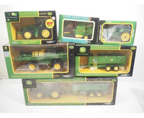 A group of 1:32 and 1:25 scale diecast tractors/farming equipment by BRITAINS/ERTL and KOVAP, mostly in John Deere livery - V