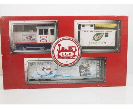 An LGB G scale 70634 'Good Humor' Ice Cream train pack comprising diesel loco, bogie box car and caboose - VG in G/VG box