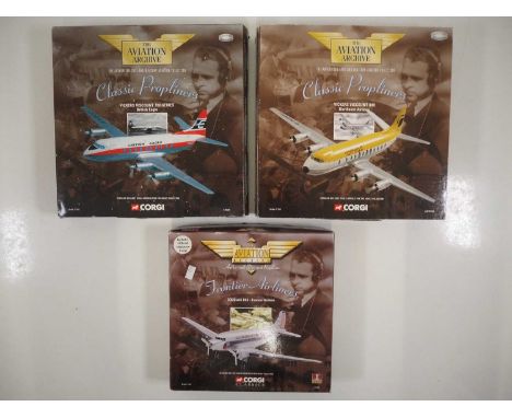 A group of CORGI Aviation Archive 1:144 scale diecast airplanes from the Classic Propliners and Frontier Airliners series - V