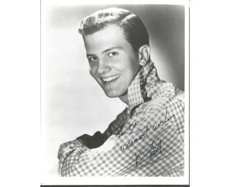 Pat Boone signed 10x8 b/w photo. American singer, composer, actor, writer, television personality, motivational speaker, and 