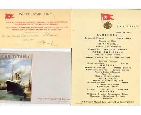 TITANIC MEMORABILIA: A replica menu, baggage ticket and a first day cover along with two 8x10 prints of Titanic reproduced on