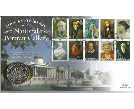 National Portrait Gallery 150th anniversary coin cover. Benham official FDC PNC, with Isle of Man Crown coin inset. Trafalgar