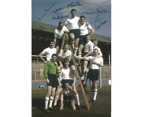 Football signed 12 x 8 photo TOTTENHAM 1961, col depicting players striking a wonderful pose on a step ladder during a photo 