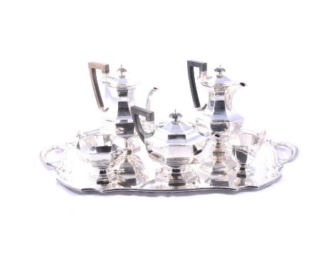 Silver four piece tea and coffee service, Walker &amp; Hall, Sheffield 1928-1940, including coffee pot, 24cm, hot water jug, 