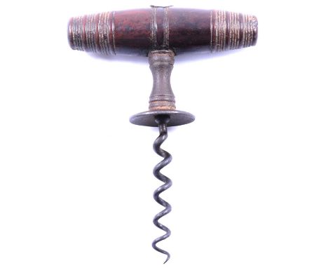 Samuel Henshall Soho Patent corkscrew, Obstando Promoves, turned rosewood handle, lacking brush, waisted stem, tapering steel