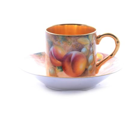 Royal Worcester fruit painted coffee can and saucer, hand painted with apples, peaches and gooseberries, indistinctly signed,