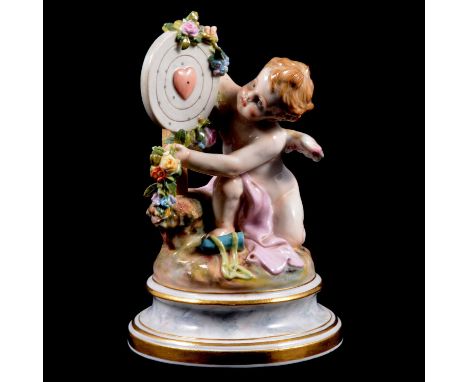 Meissen porcelain figure, Cupid garlanding a heart target, incised number L123, 16cm.Condition report:There is a small chip t