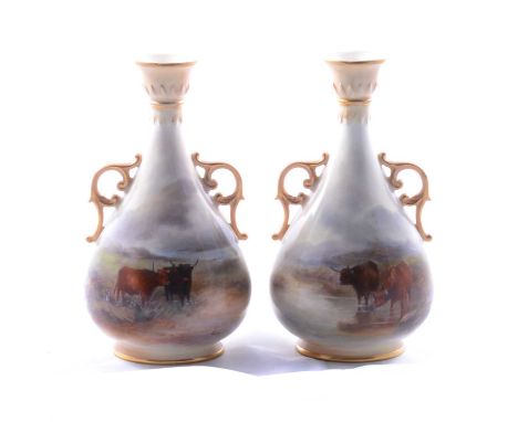 Pair of Royal Worcester vases painted with highland cattle by Harry Stinton, signed, shape 995/G, 1906, 15cm.Qty: 2Condition 