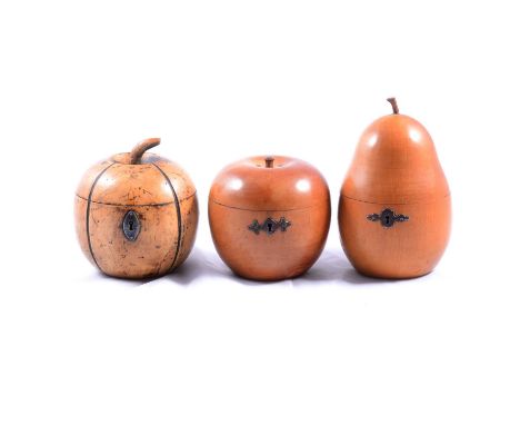 Victorian fruitwood apple tea caddy, 13cm, and two Victorian style fruitwood tea caddies, apple, 11cm  and pear, 17cm.Qty: 3
