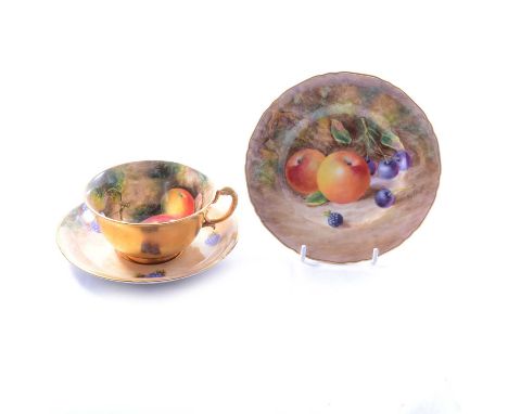 Royal Worcester matched trio, fruit painted, comprising a cup, hand painted with apples and cherries, signed B Schwartz, heig