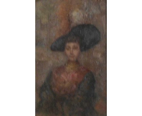 R Rossi,Figure in a broad-brimmed hat,oil on wooden panel,18x12cm.