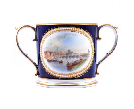 Grainger &amp; Co. Worcester Loving cup, with a painted scene of Worcester from the river within a jewelled border, blue grou