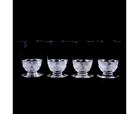 Rene Lalique, four ' Pouilly' design Madeira glasses, designed 1931, heightened with light blue staining, etched 'R LALIQUE',