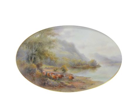 Pair of Royal Worcester porcelain oval plaques, hand painted named views of Derwent Water and On the Clyde by John Stinton, s