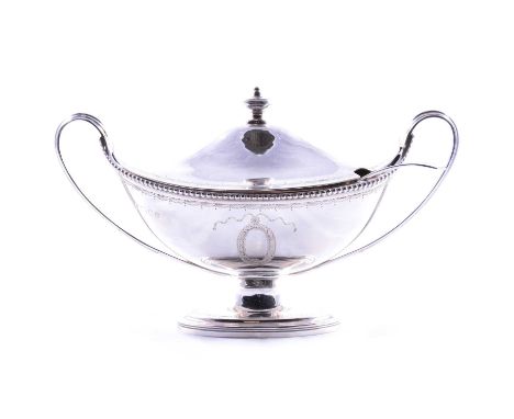 Silver pedestal lidded sauce tureen with ladle, C J Vander, London 1969, beaded and engraved outlines with two loop handles, 