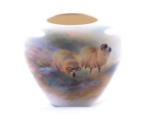 Royal Worcester vase with painted landscape by Harry Davis, painted with Sheep in moorland, signed, shape G210, 1912, 7cm.Con