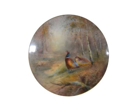 Royal Worcester circular plaque, hand painted with a cock and hen pheasant in a beech wood by James Stinton, signed, diameter