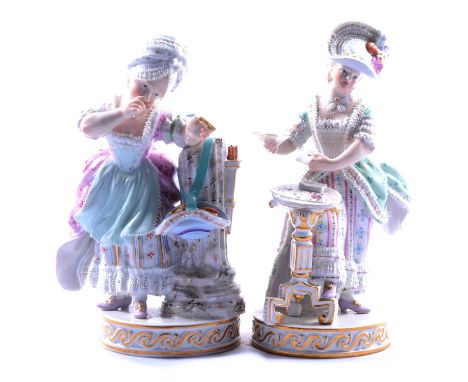 Pair of Meissen porcelain figures, after Acier, a lady playing cards at a table, incised number F64, 16cm, a lady with a bonn