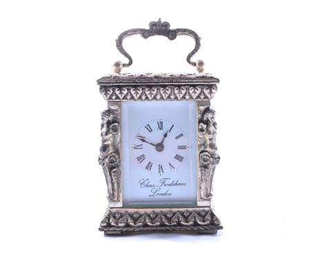 Charles Frodsham Jubilee commemorative silver miniature carriage clock, London 1977, cast case, rectangular enamelled dial, t