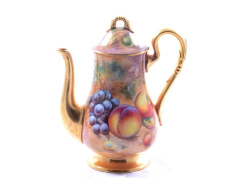 Royal Worcester fruit painted coffee pot, hand painted with autumnal fruit, signed C Smith, printed mark, 21cm.Condition repo