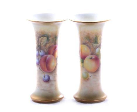 Pair of Royal Worcester fruit painted vases, model G923, waisted form, signed Roberts, date mark for 1962, 15.5cm.Qty: 2Condi
