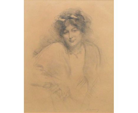 Albert de Belleroche,Portrait of a lady, head and shoulders wearing a necklace,charcoal, signed,40x32.5cm.