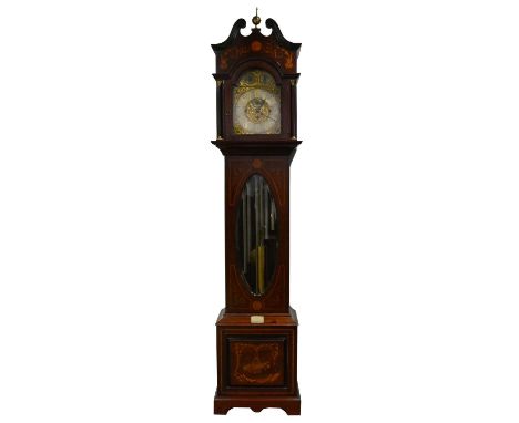 Edwardian mahogany marquetry longcase clock, brass finial, swan neck pediment, corinthian columns, glazed door, bracket feet,