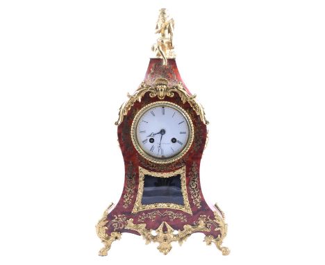 French mantel clock, 'boulle' case, enamelled dial signed Raingo Freres, Paris, cylinder movement striking on a bell, 42cm.Co