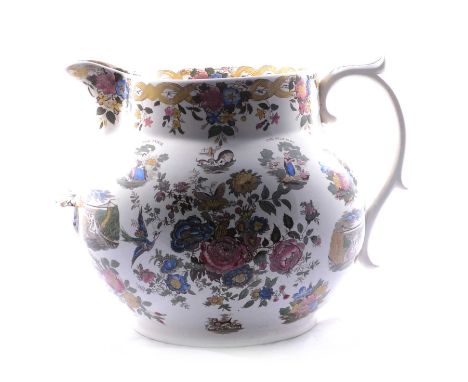 Victorian pottery oversized jug, printed and overpainted decoration including Jubilee Year 1887 portrait, floral sprays, etc.