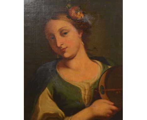 Follower of Sassoferratto,Woman with a tambourine,oil on relined canvas,55x46cm.Condition report:Quite recent (and rather poo