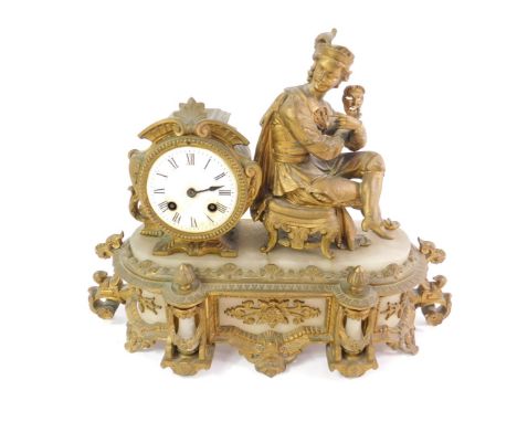 A late 19thC French gilt metal and white mantel clock by Franjus Raison and B Dyer, circular enamel dial bearing Roman numera