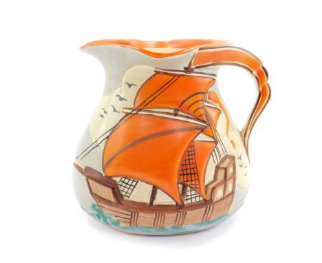 An early 20thC Wade Heath pottery jug, moulded and painted with a galleon, printed marks, 19.5cm H.