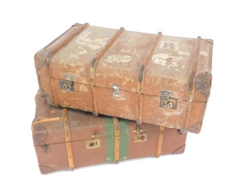 Two early 20thC cabin trunks, one named to C Ross, bears luggage labels, 90cm W, 54cm D, together with an H B Brand fibre fou
