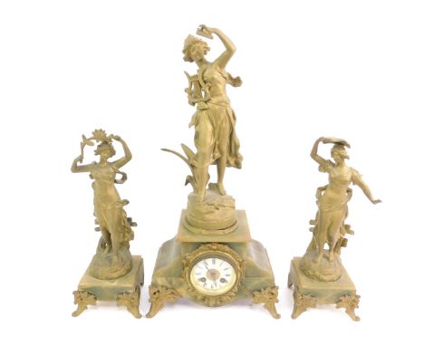 A late 19thC French green onyx and gilt metal clock garniture, the clock with enamel dial bearing Roman numerals, eight day m