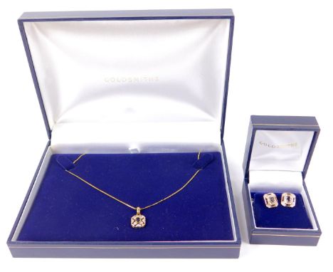 A 9ct gold sapphire and diamond pendant, on a 9ct gold neck chain, together with a pair of contrasting 9ct gold sapphire and 