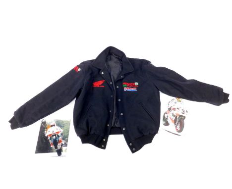 A Castrol Honda Racing jacket, size L, together with a signed limited edition print of Joey Dunlop after Alan Sanderson 1994,
