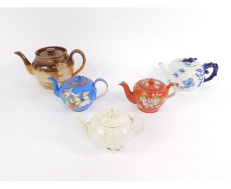 A group of teapots, comprising a Beleek Echinus teapot, Royal Worcester blue and white teapot decorated in the Japanese taste